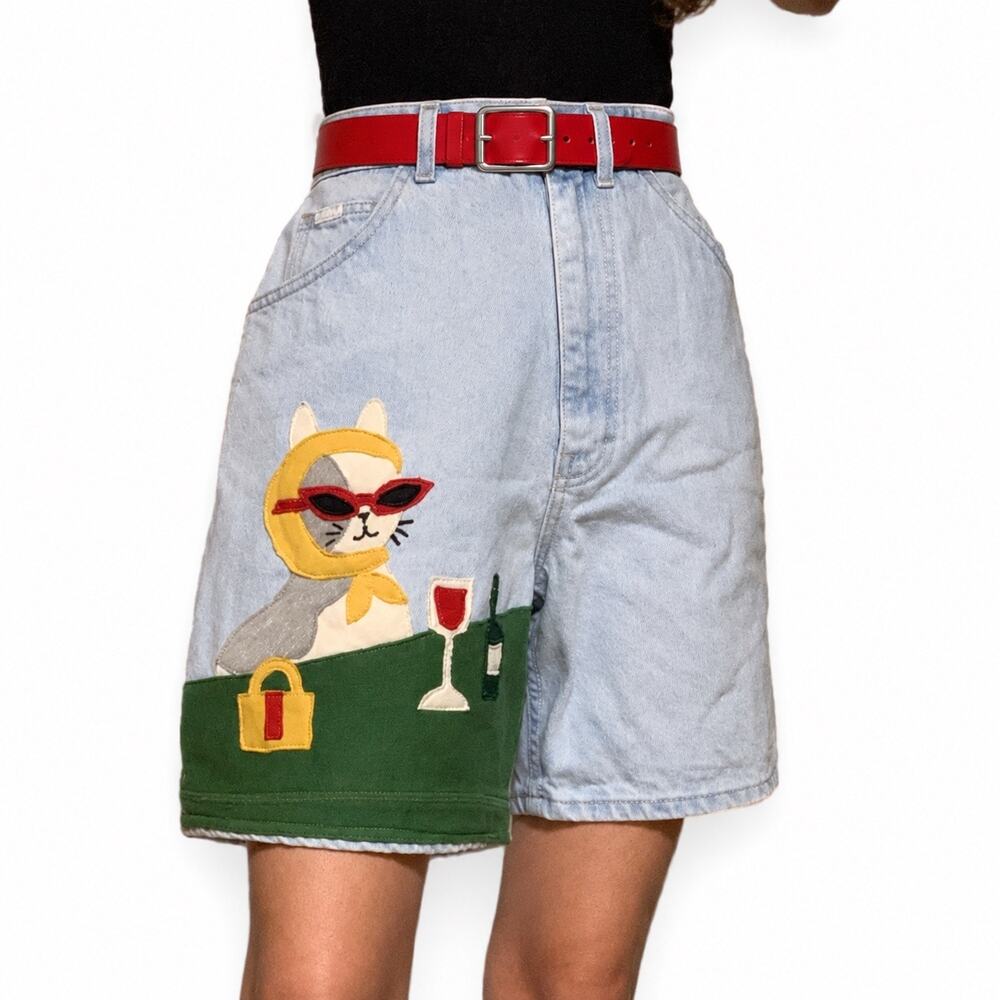 Upcycled Vintage 90s Lee Fancy Cat Drinking Wine Patchwork Shorts 28”
